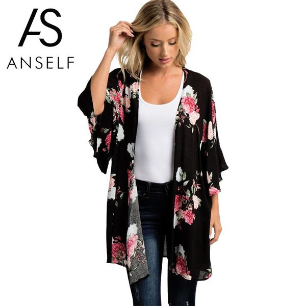 

anself blusas summer women kimono cardigan casual loose chiffon blouses shirts bohemian floral printed long outerwear plus size, White