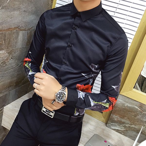 

black rose print shirt men casual slim fit long sleeve camisa masculina night club streetwear social dress shirt chemise homme, White;black