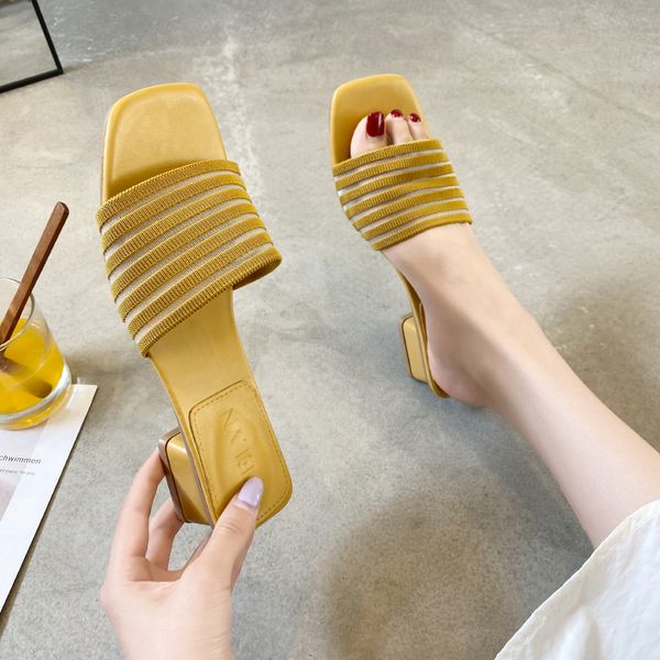 

slippers women summer med shoes woman 2020 square heel heeled mules slides pantofle block soft heels new pu, Black