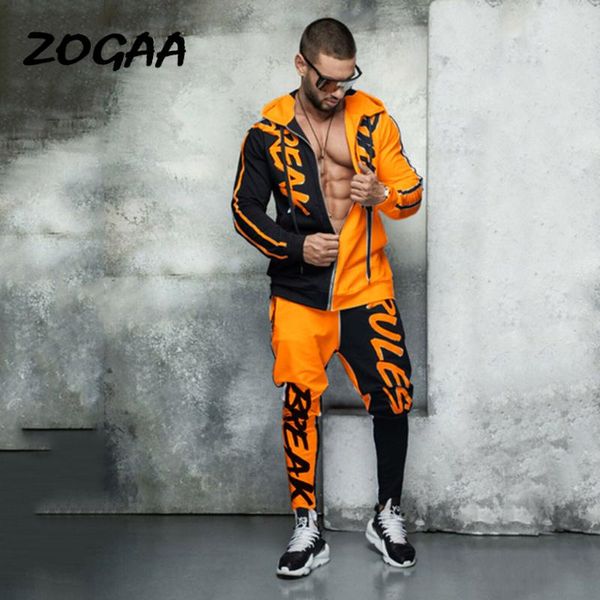 

zogaa 2020 men's sports suit hooded letter color matching hip hop zip cardigan men's sports suit track mens jogger sets, Gray