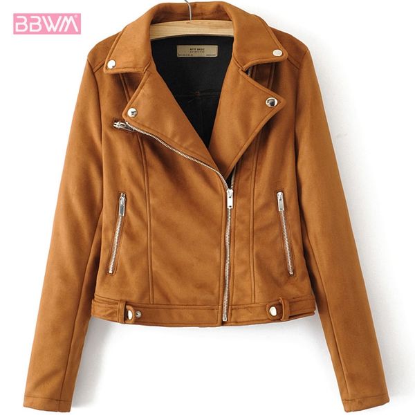 

2019 осень новый ветрозащитный с длинными рукавами отворотом молнии олень бархат мотоциклетная куртка женская приталенная дикая женская курт, Black;brown