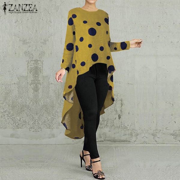 

women's blouses & shirts 2021 spring polka dots high low blouse zanzea vintage long shirt vestido women sleeve tunic blusas chemise fe, White
