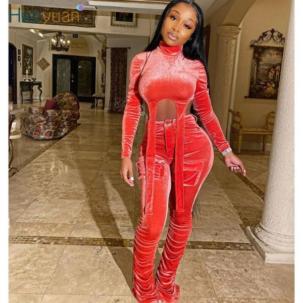 

haoyuan velvet two piece set women rave festival clothing crop and pant suit cute 2 piece matching sets fall winter outfits, White