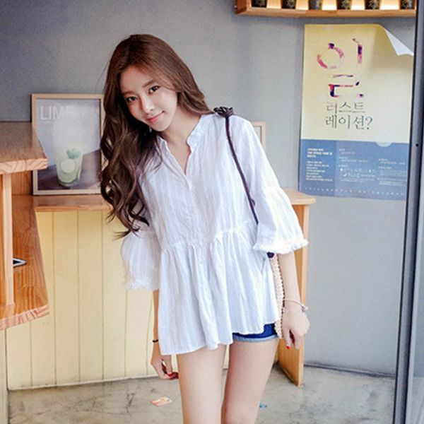 

fashion v neck blouse button sweet girl's shirts women's loose blouse casual white