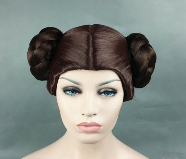 

leia organa solo short prestyled brown cosplay wigs with 2 buns, Black