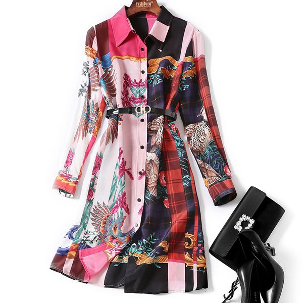 

новый high end society 2020 нагрудные печатные шелковые рубашки прямые свободные талии длинное платье женщина, Black;gray