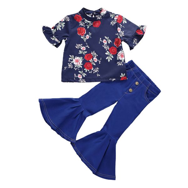 

1-5y flower toddler baby kid girls clothes set summer floral t shirt flare denim pants outfits children costumes, White