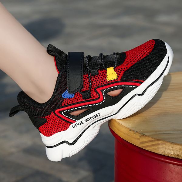 

boys sports shoes breathable spring summer hollowed out girls leisure middle and large children running shoes children, Black;red