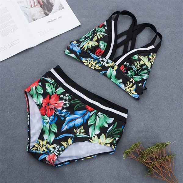 

new 2019 women's swimwear suit sea print two piece waterproof bandage push up swimsuit female girls swimwear beachwear, Black;white