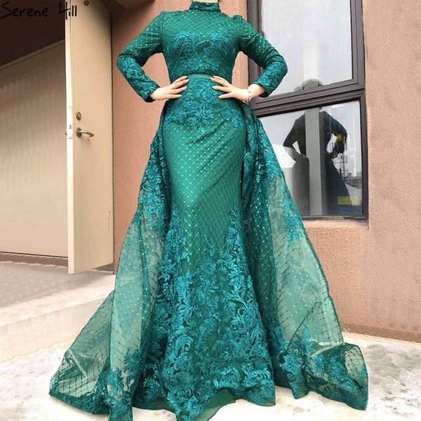 

green long sleeves high collar evening dresses 2019 appliques sequined fashion luxury sparkle mermaid evening gowns la6542, White;black