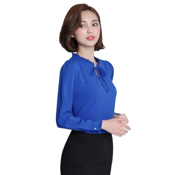 

women blouse long sleeve stand collar bow blouses elegant ladies chiffon blouse fashion office work wear s-2xl, White