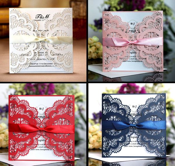 

wedding cards vintage embossed tri-fold wedding invitation with ribbon bow laser cut pocket wedding invitation kit, Black