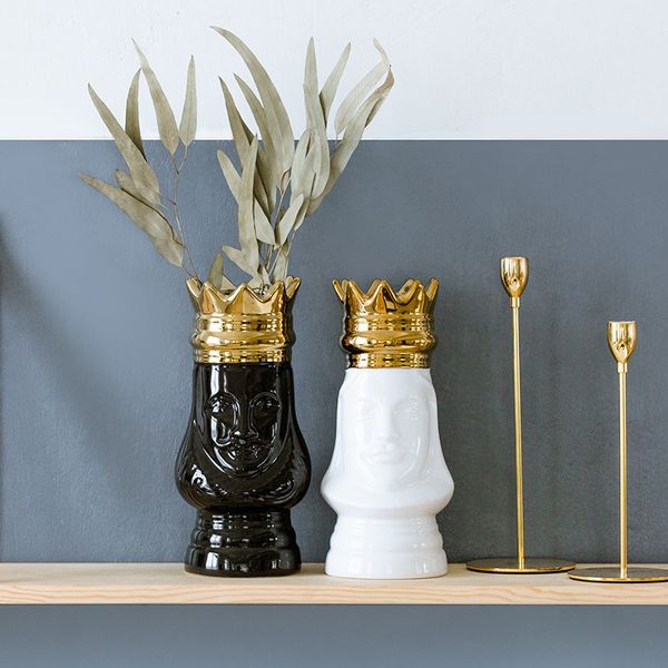 

king and queen tablevase gold golden crown light luxury decorative flower pot flower arrangement bottle art ceramic craft