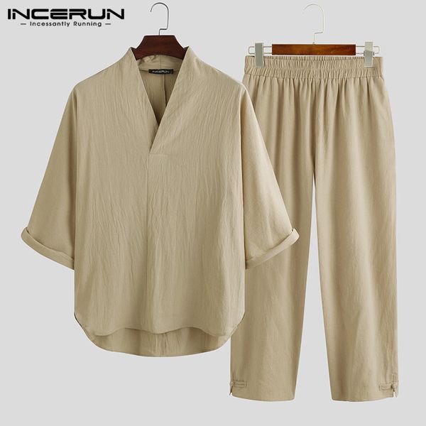 

men's tracksuits 2021 men sets cotton solid color 3/4 sleeve v neck shirts vintage streetwear casual pants chinese style mens suit ince, Gray