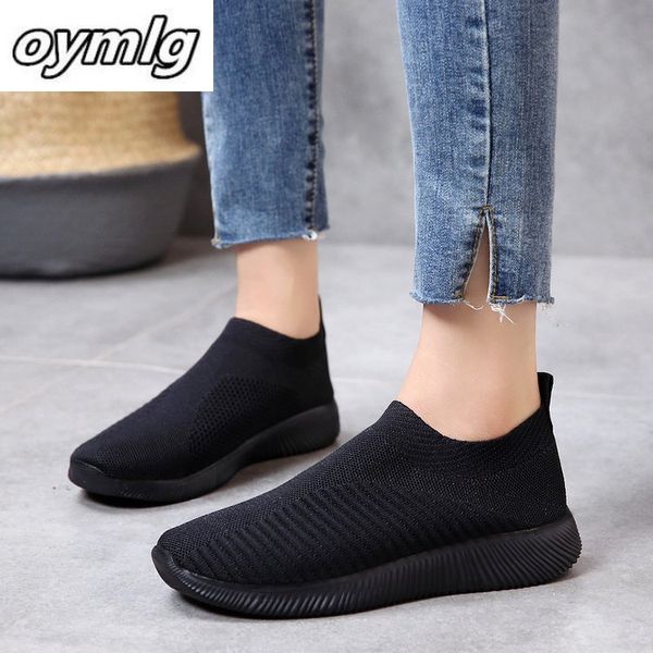 

2019 women sneakers vulcanized shoes sock sneakers women summer slip on flat shoes plus size loafers walking flat, Black