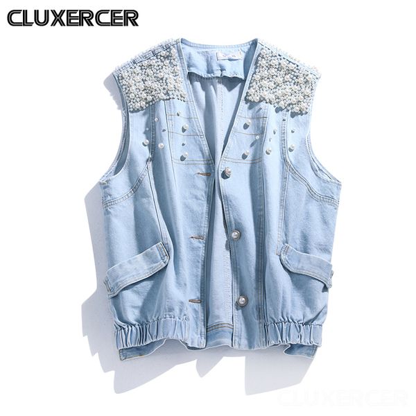 

2020 spring autumn new denim vest women korean sleeveless heavy nail bead loose jean vest, Black;white