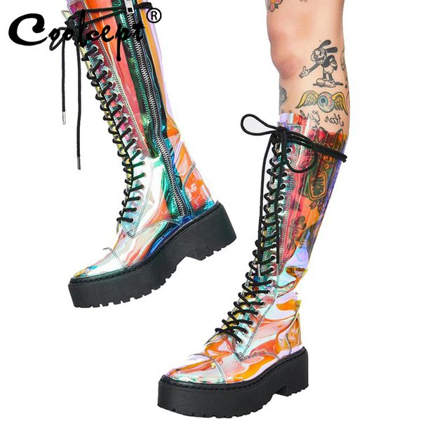 

coolcept wwomen knee high winter boots thick bottom zipper slim footwear cross strap colorful fashion footwear size 35-42, Black