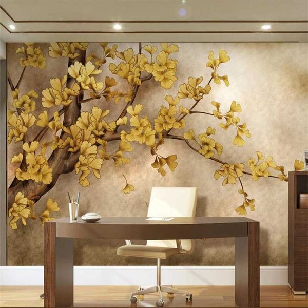 

mural custom wallpaper 3d murals hand-painted chinese ginkgo tree 0 background wall living room bedroom mural 3d wallpaper