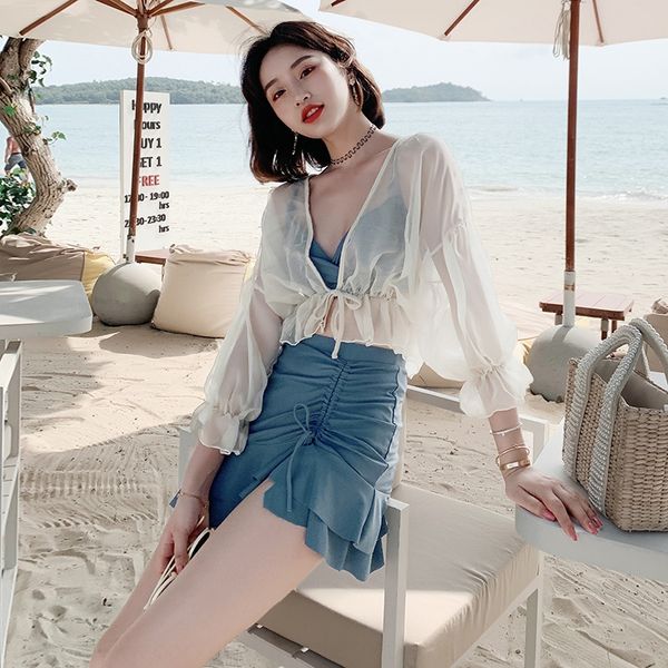 

ins wind drawstring skirt split swimsuit slim belly cover spring holiday fairy fan long sleeve blouse swimsuit, White;black
