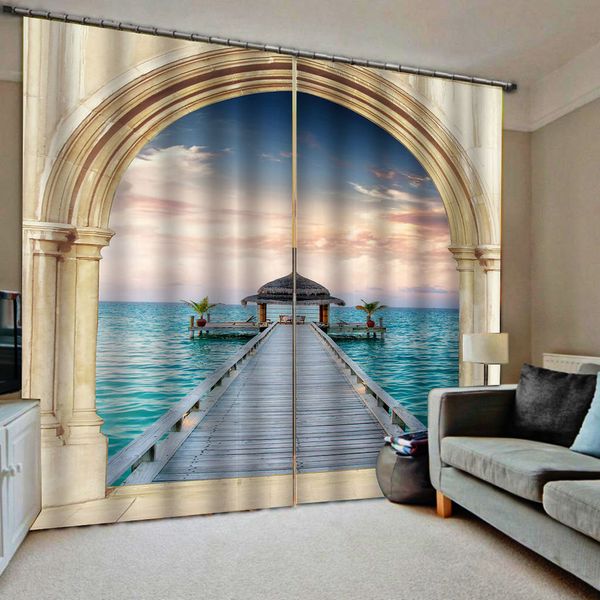 cortinas de porta moderno Decoração Início Blackout 3D estereoscópico Cortina Arch beira-mar cortinas