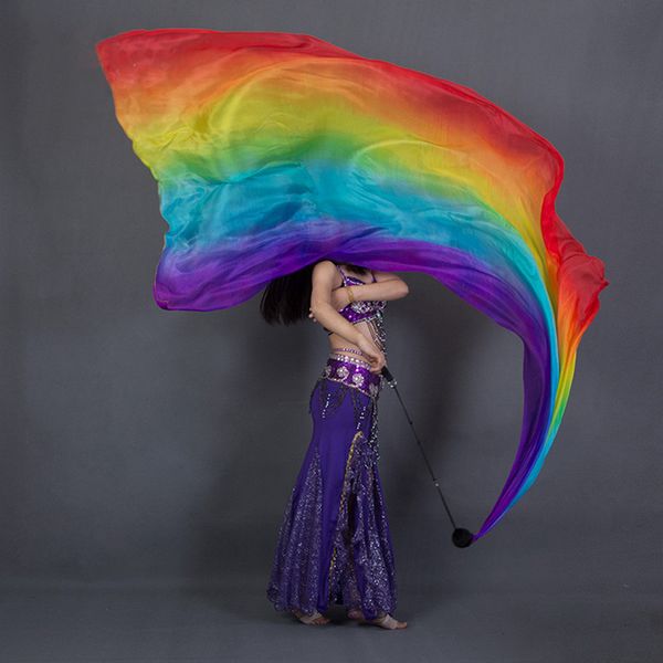 

100% silk performance veil dancer contrast colors light texture rectangular scarf 2.5 meters belly dance rainbow veil + poi ball, Black;red