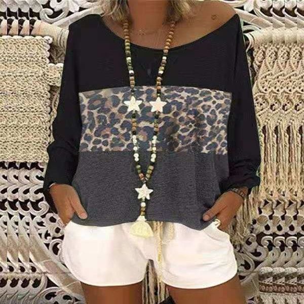 

2020 leopard pattern stitching round collar long sleeve women's eight-color six-size 2020 leopard pattern stitching round collar long s, White