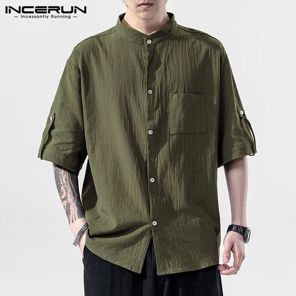 

incerun cotton men's shirt solid short sleeve 2020 stand collar harajuku japanese streetwear casual blouse loose button camisa, White;black