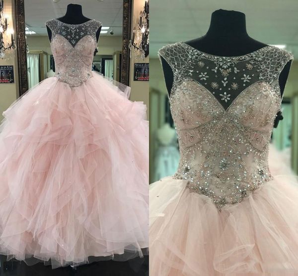 

2018 Pink Blush Quinceanera Dresses Ball Gown Princess Bateau Sheer Neck Beaded Back Lace-up Sweet 16 Girls Prom Dresses
