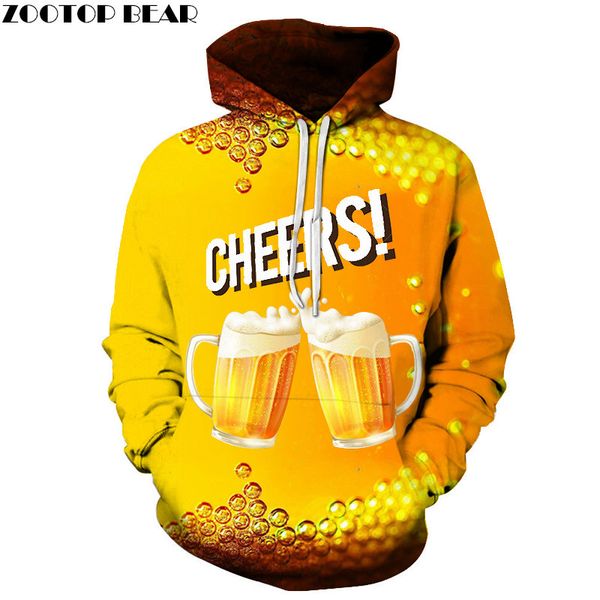 

couple cheers beer men hoodies hat casual yellow long sleeve sweatshirt brand sudaderas 3d pullover streetwears zooear, Black