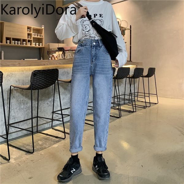

2020 spring new embroidery semi-elastic high waist design wild thin straight pants, Blue