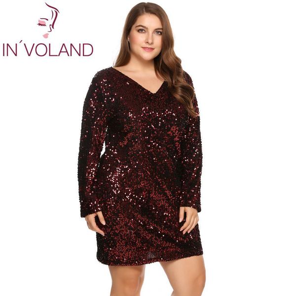 

in'voland women's dress plus size deep v-neck long sleeve sequined bodycon cocktail club sheath ladies sequine dresses, Black;gray