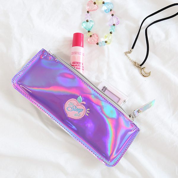 

hologram laser cosmetic case women makeup brush storage bags embroidery peach zipper bag student pencil bags pen organizer cases