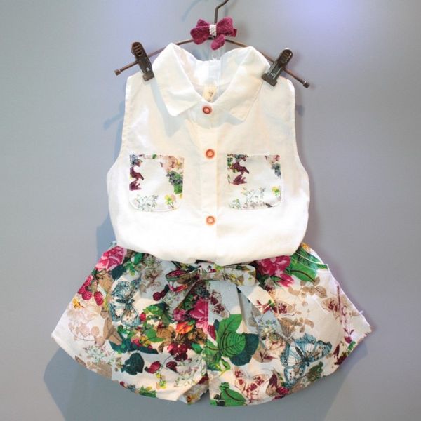 

front bow kid girls suits summer style kids beautiful floral flower sleeveless children clothing shorts suit clothes, White