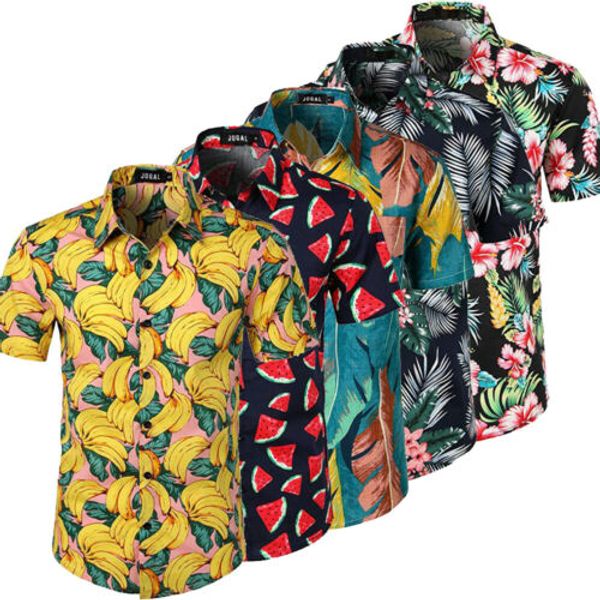 

new 2019 men hawaiian summer floral printed beach short sleeve camp shirt shirts 5 colors, White;black