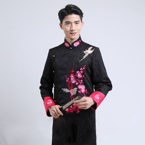 

chinese traditional clothing male cheongsam long gown tang suit groom dress embroidered wedding dress men asia ethnic film tv stage wear, Black;red