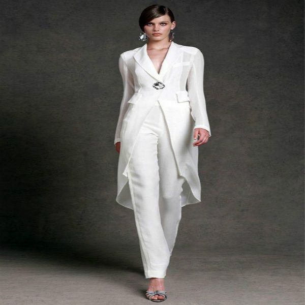 Günstiger weißer Overall für die Mutter der Braut, Hosenanzug mit Outdoor-Mantel, langen Ärmeln, V-Ausschnitt, zweiteiliges Bräutigam-Mutter-Abend-Partykleid 2020