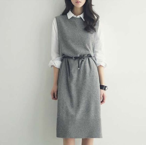 

2019 spring casual long vest women long sweater sleeveless dress clothing female knit wool o neck belt vests pullovers, White;black