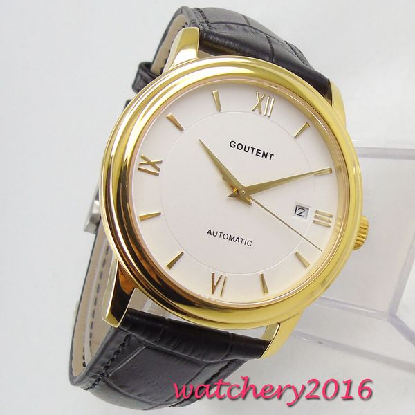 

40 мм coutent белый циферблат сапфировое стекло дата желтый позолоченный корпус miyota автоматические механические мужские часы, Slivery;brown