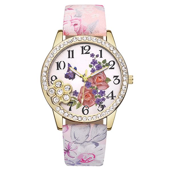 

fashion new trend diamond flower rural printing leather watches women ladies dress leisure casual party quartz wrist watches, Slivery;brown