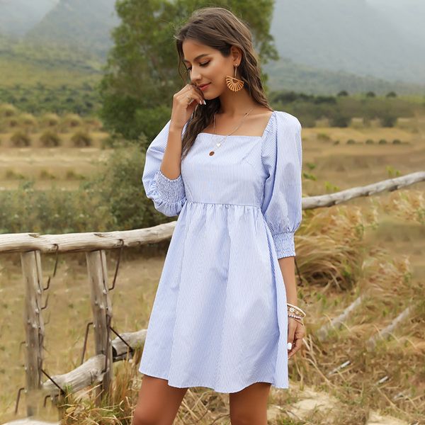 

casual dresses foridol stripe blue dress women puff sleeve short 2021 summer beach elegant ladies office vestidos, Black;gray
