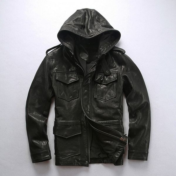 

factory 2020 new men black hooded genuine leather jacket multi-pocket black vegetable tanning sheepskin flight jackets