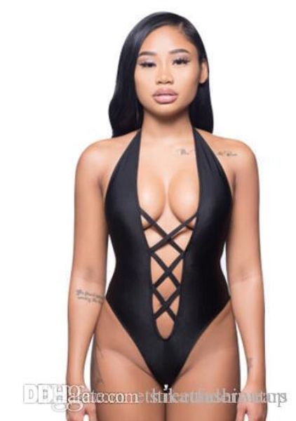 

women one piece bikini solid color bandage lace up halter, White;black