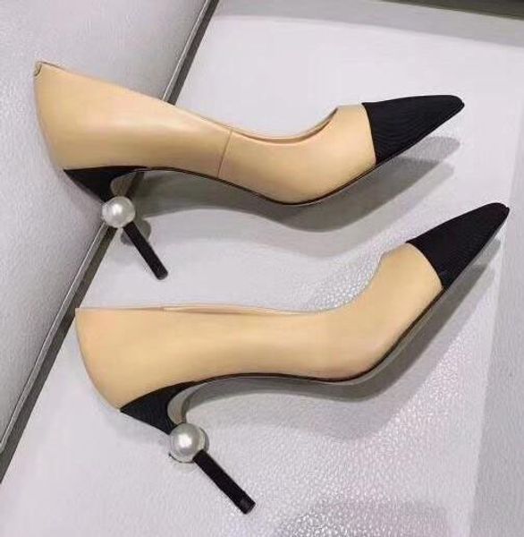 

2019 superstar pointed toe pearl pumps mules slingback high heels brand runway spell color wedding party women high heels, Black