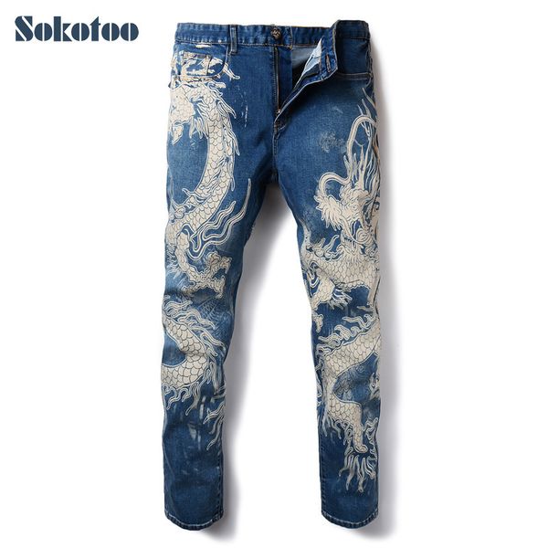 

sokotoo men's fashion dragon print jeans male colored drawing painted slim denim pants elastic black long trousers y19072301, Blue