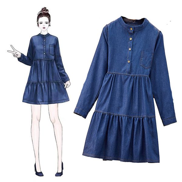 

xl-5xl new 2019 plus size denim dress women spring autumn long sleeve doll mini dresses casual loose jeans dress, Black;gray