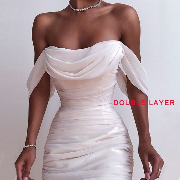 

2019 autumn off shoulder pleated white bodycon dress women strapless backless summer dress elegant party dresses clothes, Black;gray