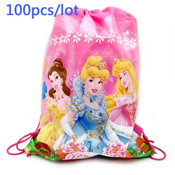 

100pcs/lot girls favors princess theme mochila birthday party non-woven fabrics drawstring decorate baby shower loot gifts bags