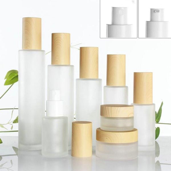 

30ml 40ml 60ml 80ml 100ml frosted glass cream jar with plastic imitated wood lid makeup skin care lotion pot foundation push pump bottle