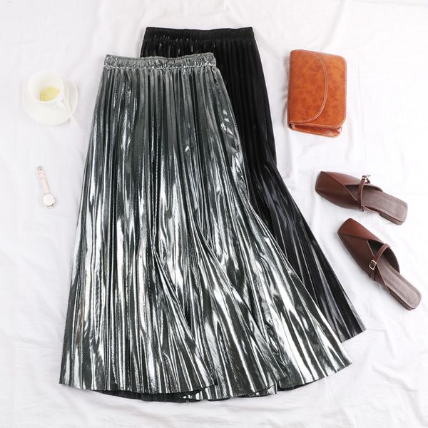 

c80 корейская металлическая плиссированная юбка высокая талия средней длины a-line светоотражающая ткань половина юбки эластичный пояс больш, Black