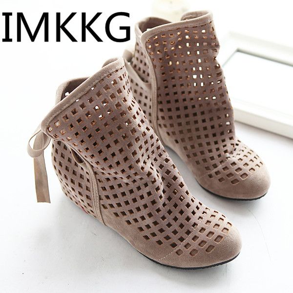 

big size 34-43 women's summer boots flat low hidden wedges cutout women boots ladies dress casual shoes cute flock v227, Black